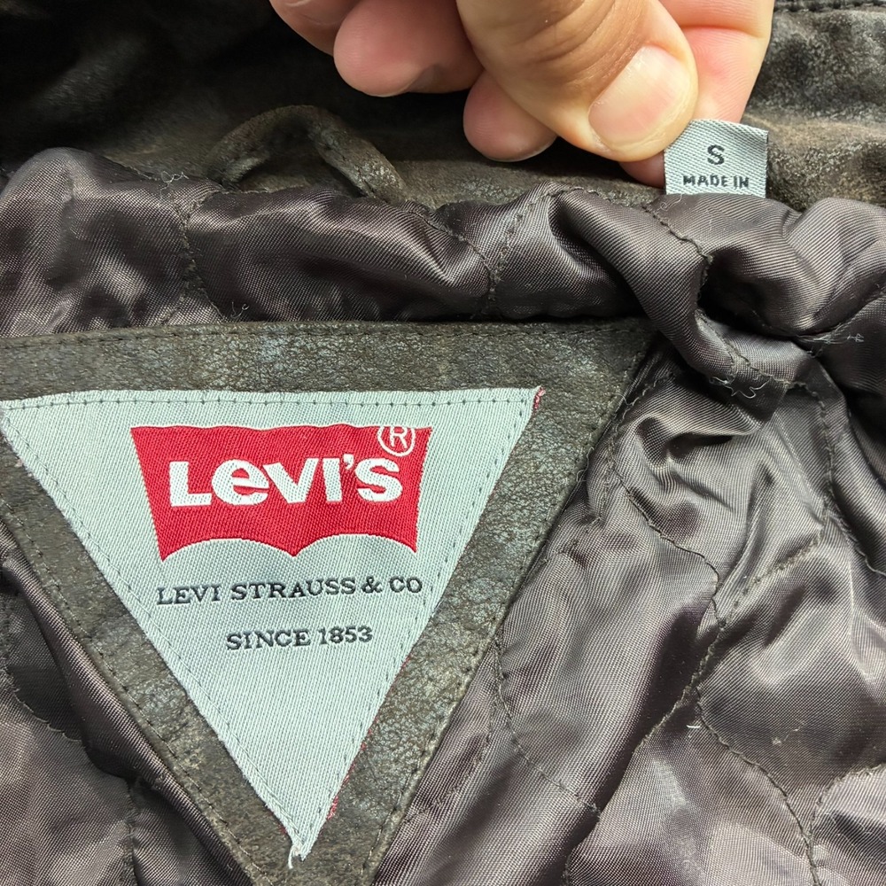 Levis Mens Small Brown Leather Moto Jacket Cafe Racer Distressed Full Zip - Picture 3 of 9